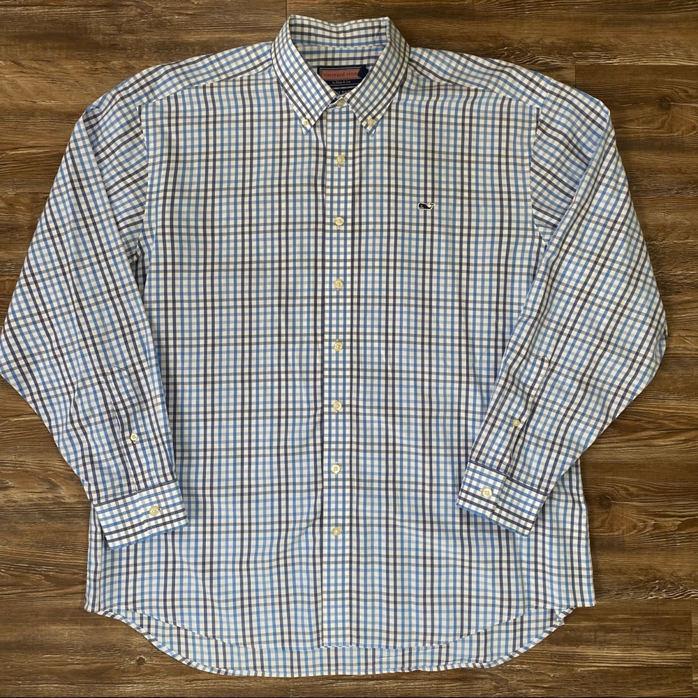 Men’s Vineyard Vines Whale Blue White Plaid Button Down Casual Dress Shirt XL
